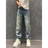 FOESCE Men's Trendy Letter Print Washed Blue Straight Denim Pants Summer Simple Casual Streetwear Pockets Loose Jeans Pantalones Hombre