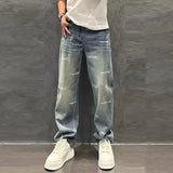 FOESCE Men's Trendy Letter Print Washed Blue Straight Denim Pants Summer Simple Casual Streetwear Pockets Loose Jeans Pantalones Hombre