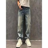 FOESCE Men's Trendy Letter Print Washed Blue Straight Denim Pants Summer Simple Casual Streetwear Pockets Loose Jeans Pantalones Hombre