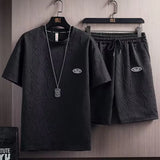 FOESCE Men's new Waffle TZ20 3D Summer Suit 2025 Casual T-shirt + Shorts Suit Men's Tracksuit Solid color tracksuit loose suit