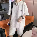 FOESCE Men's new Waffle TZ20 3D Summer Suit 2025 Casual T-shirt + Shorts Suit Men's Tracksuit Solid color tracksuit loose suit