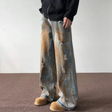 FOESCE Men's trousers summer thin tie-dyed ripped jeans men's loose straight washed distressed high street American men's trousers