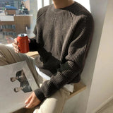 FOESCE Mens Autumn Winter Korean Style Loose Round Neck Knitted Sweater Gender-Neutral Trendy Casual Solid Color Simple Sweater Unisex