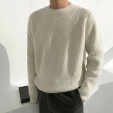 FOESCE Mens Autumn Winter Korean Style Loose Round Neck Knitted Sweater Gender-Neutral Trendy Casual Solid Color Simple Sweater Unisex