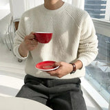 FOESCE Mens Autumn Winter Korean Style Loose Round Neck Knitted Sweater Gender-Neutral Trendy Casual Solid Color Simple Sweater Unisex