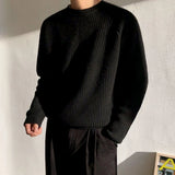 FOESCE Mens Autumn Winter Korean Style Loose Round Neck Knitted Sweater Gender-Neutral Trendy Casual Solid Color Simple Sweater Unisex