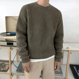 FOESCE Mens Autumn Winter Korean Style Loose Round Neck Knitted Sweater Gender-Neutral Trendy Casual Solid Color Simple Sweater Unisex