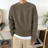 FOESCE Mens Autumn Winter Korean Style Loose Round Neck Knitted Sweater Gender-Neutral Trendy Casual Solid Color Simple Sweater Unisex