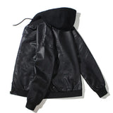FOESCE Mens Hooded PU Leather Jacket Motorcycle Hooded Young Leather Plus Cotton Padded Coat Men