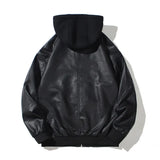 FOESCE Mens Hooded PU Leather Jacket Motorcycle Hooded Young Leather Plus Cotton Padded Coat Men
