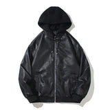 FOESCE Mens Hooded PU Leather Jacket Motorcycle Hooded Young Leather Plus Cotton Padded Coat Men