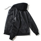 FOESCE Mens Hooded PU Leather Jacket Motorcycle Hooded Young Leather Plus Cotton Padded Coat Men