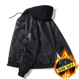 FOESCE Mens Hooded PU Leather Jacket Motorcycle Hooded Young Leather Plus Cotton Padded Coat Men