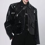 FOESCE Mens Jacket Shiny Leather Jacket Handsome Performance Stage Outfit Autumn Elegant British Excellent Patent Leather Jacket