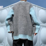 FOESCE Mens Jacquard Patchwork Knit Cardigan Sweater Korean Popular Retro Long Sleeve Streetwear Cardigans Leisure Knitwear Sweatercoat