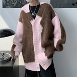 FOESCE Mens Jacquard Patchwork Knit Cardigan Sweater Korean Popular Retro Long Sleeve Streetwear Cardigans Leisure Knitwear Sweatercoat