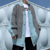 FOESCE Mens Jacquard Patchwork Knit Cardigan Sweater Korean Popular Retro Long Sleeve Streetwear Cardigans Leisure Knitwear Sweatercoat
