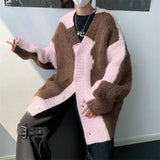 FOESCE Mens Jacquard Patchwork Knit Cardigan Sweater Korean Popular Retro Long Sleeve Streetwear Cardigans Leisure Knitwear Sweatercoat