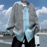 FOESCE Mens Jacquard Patchwork Knit Cardigan Sweater Korean Popular Retro Long Sleeve Streetwear Cardigans Leisure Knitwear Sweatercoat