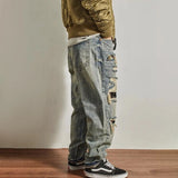 FOESCE Mens Jeans Ripped Casual Pants Autumn Fashion Retro Streetwear Youth Campus Trend Wide Leg Straight Pants Men'S Clothing 2025