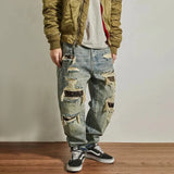 FOESCE Mens Jeans Ripped Casual Pants Autumn Fashion Retro Streetwear Youth Campus Trend Wide Leg Straight Pants Men'S Clothing 2025