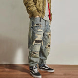 FOESCE Mens Jeans Ripped Casual Pants Autumn Fashion Retro Streetwear Youth Campus Trend Wide Leg Straight Pants Men'S Clothing 2025