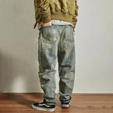 FOESCE Mens Jeans Ripped Casual Pants Autumn Fashion Retro Streetwear Youth Campus Trend Wide Leg Straight Pants Men'S Clothing 2025