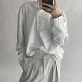 FOESCE Mens Korean Y2K T-Shirt Design Sense Collar Button Long Sleeved T-Shirt Autumn Casual Solid Color Versatile Top Men's Clothing