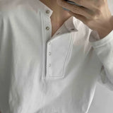 FOESCE Mens Korean Y2K T-Shirt Design Sense Collar Button Long Sleeved T-Shirt Autumn Casual Solid Color Versatile Top Men's Clothing
