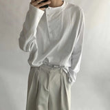 FOESCE Mens Korean Y2K T-Shirt Design Sense Collar Button Long Sleeved T-Shirt Autumn Casual Solid Color Versatile Top Men's Clothing