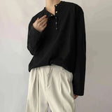 FOESCE Mens Korean Y2K T-Shirt Design Sense Collar Button Long Sleeved T-Shirt Autumn Casual Solid Color Versatile Top Men's Clothing