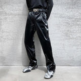 FOESCE Mens Leather Pants Classy Trendy High Street Black Straight Motorcycle Pants Punk Style Chic Stage Trousers Men'S Wear 2025
