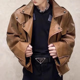 FOESCE Mens Pu Leather Jacket Machine Casual Lined Leather Jacket Autumn Streetwear Personality Trend Temperament Tops Men'S Clothing
