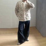 FOESCE Mens Sweater Leopard Print Casual Sweater Spring Streetwear Fashion Youth Campus Valentines Cardigan Men'S Clothing 2025 New