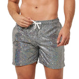 FOESCE Metallic Print Beach Shorts Shiny Drawstring Men's Clothing with Elastic Waistband Quick Dry Men's Sequin Gym Pants for Running