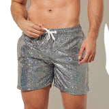 FOESCE Metallic Print Beach Shorts Shiny Drawstring Men's Clothing with Elastic Waistband Quick Dry Men's Sequin Gym Pants for Running