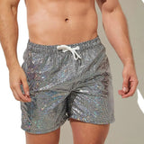 FOESCE Metallic Print Beach Shorts Shiny Drawstring Men's Clothing with Elastic Waistband Quick Dry Men's Sequin Gym Pants for Running