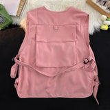 FOESCE Multi Pockets Cargo Waistcoat Solid Color Hip Hop Style Women Men Cargo Waistcoat Sleeveless Loose Buckle Closure Jackets Vests
