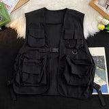 FOESCE Multi Pockets Cargo Waistcoat Solid Color Hip Hop Style Women Men Cargo Waistcoat Sleeveless Loose Buckle Closure Jackets Vests
