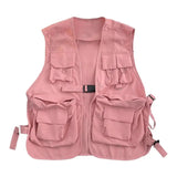 FOESCE Multi Pockets Cargo Waistcoat Solid Color Hip Hop Style Women Men Cargo Waistcoat Sleeveless Loose Buckle Closure Jackets Vests