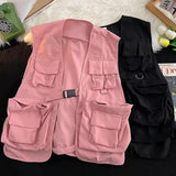 FOESCE Multi Pockets Cargo Waistcoat Solid Color Hip Hop Style Women Men Cargo Waistcoat Sleeveless Loose Buckle Closure Jackets Vests