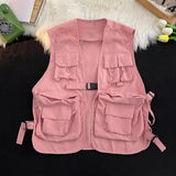 FOESCE Multi Pockets Cargo Waistcoat Solid Color Hip Hop Style Women Men Cargo Waistcoat Sleeveless Loose Buckle Closure Jackets Vests