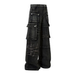 FOESCE Multi-pockets Embroidery Washed Baggy Jeans for Men and Women Straight Ropa Hombre Casual Cargo Pants Oversized Denim Trousers