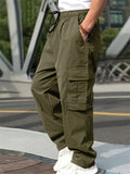 FOESCE New 2024 Cargo Pants Trousers for Men Full Length Solid Color Loose Multi-pocket Drawstring Pockets Pants Male Cargo Pants 3XL