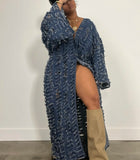 FOESCE New African Fashion Cardigans For Women Autumn Spring Sexy Hollow Denim Long Down Coat Plus Europe Lady Swimwear Long Kimonos
