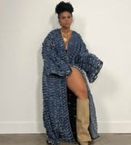 FOESCE New African Fashion Cardigans For Women Autumn Spring Sexy Hollow Denim Long Down Coat Plus Europe Lady Swimwear Long Kimonos