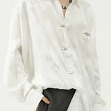 New Chinese Style Dragon Pattern Jacquard Silk Shirt For Men Casual Metal Buckle Dull Black Aesthetic Neutral Loose-fit Shirt