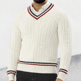 FOESCE New European and American Men's Autumn and Winter Color-blocked V-neck Long-sleeved Slim-fit Pullover Knitted Sweater. M-XXL