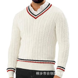 FOESCE New European and American Men's Autumn and Winter Color-blocked V-neck Long-sleeved Slim-fit Pullover Knitted Sweater. M-XXL