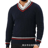 FOESCE New European and American Men's Autumn and Winter Color-blocked V-neck Long-sleeved Slim-fit Pullover Knitted Sweater. M-XXL